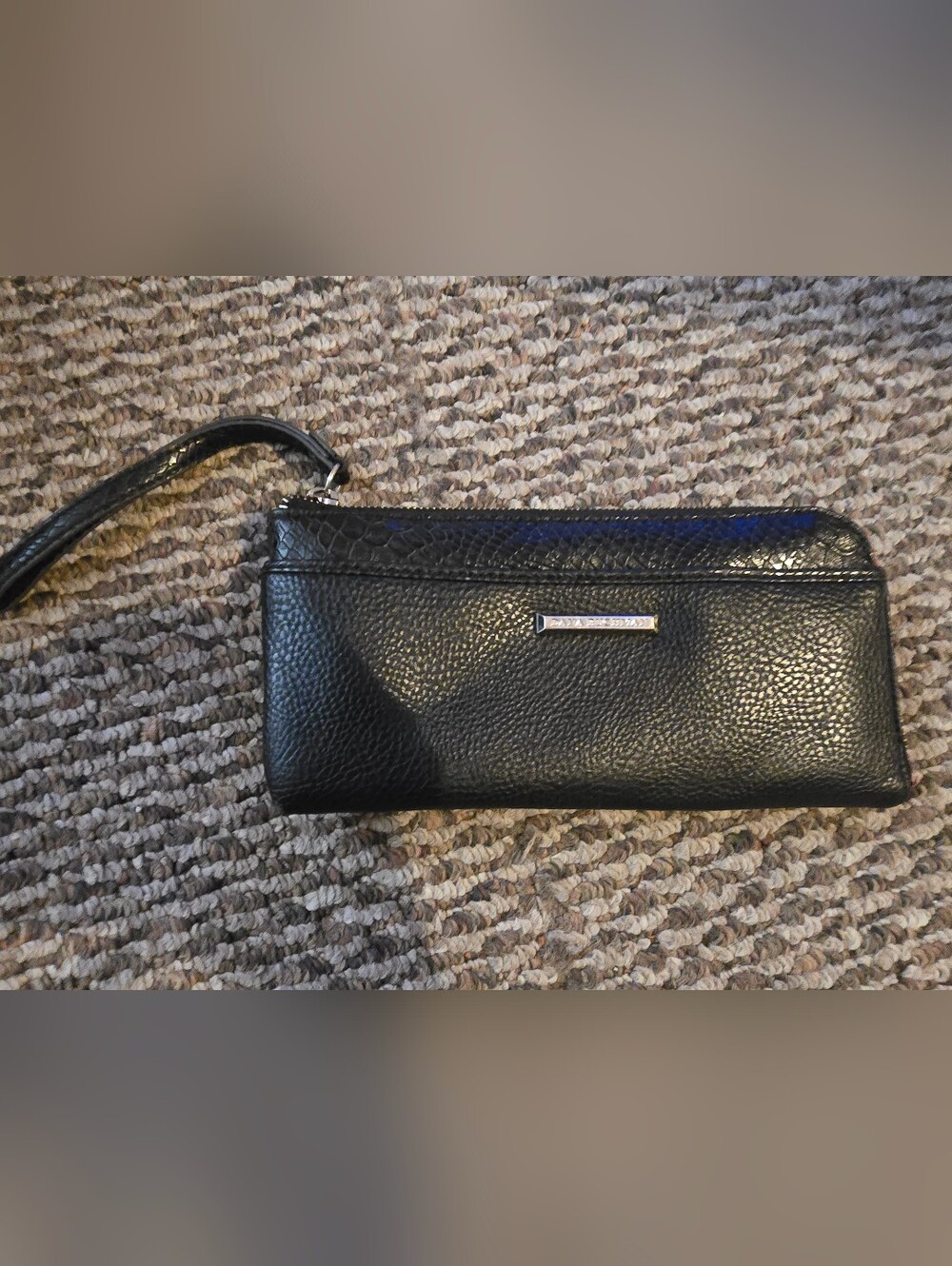 Dana Buchman Black Pebbled Leather Wristlet with Silver Logo Plate